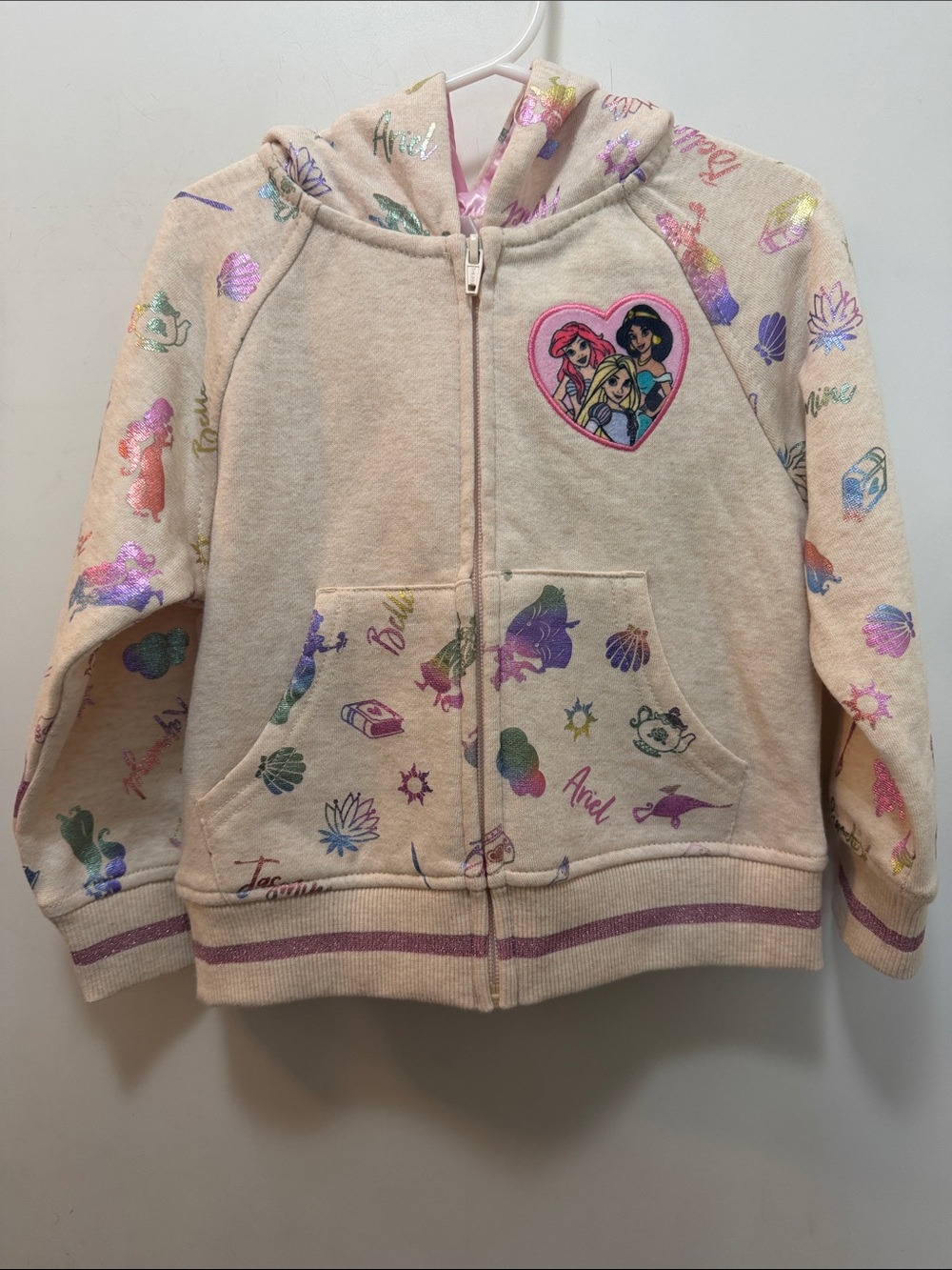 NWOT Girls' Princess Zip-Up Hoodie in Cream with Iridescent Prints